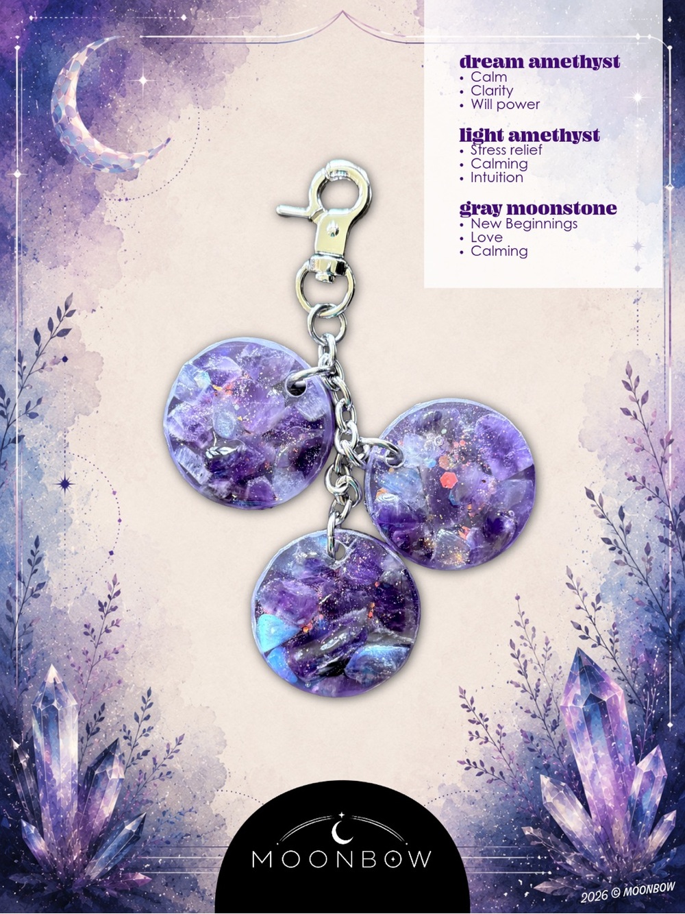 Moonbow Handcrafted Charm ft. Dream Amethyst, Light Amethyst + Gray Moonstone - Picture 2 of 8